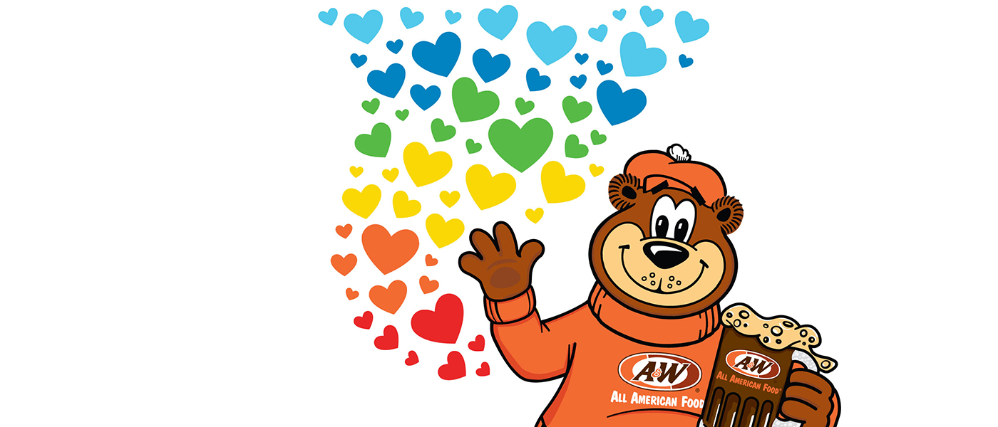 Image of Rooty the Great Root Bear holding a mug of Root Beer in right hand. Colorful hearts are on the left side of the image.